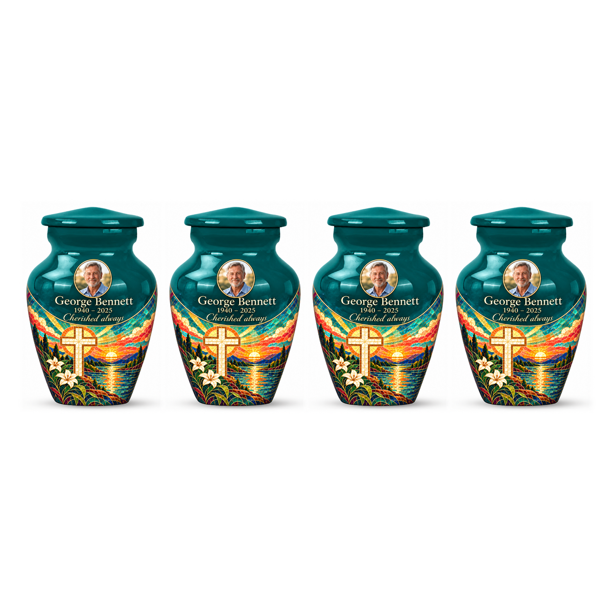 Four matching green cross keepsake urns with a printed sunset mosaic arranged on white.