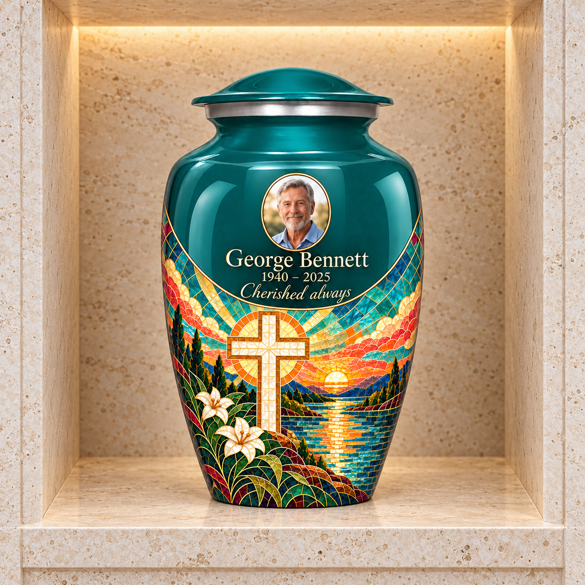 Green adult cross urn with a printed sunset mosaic displayed in a stone columbarium niche.