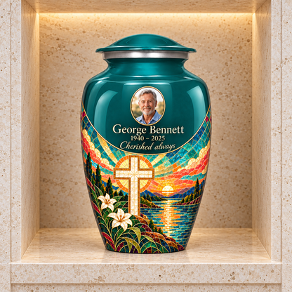 Green adult cross urn with a printed sunset mosaic displayed in a stone columbarium niche.