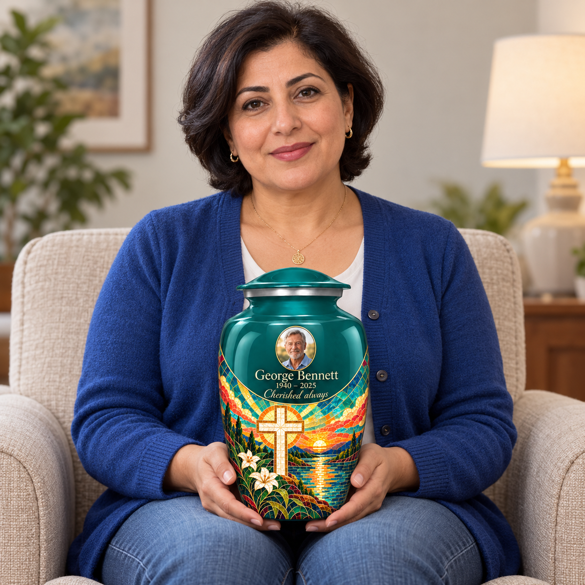A seated person holding the green cross urn with a printed sunset mosaic on their lap.