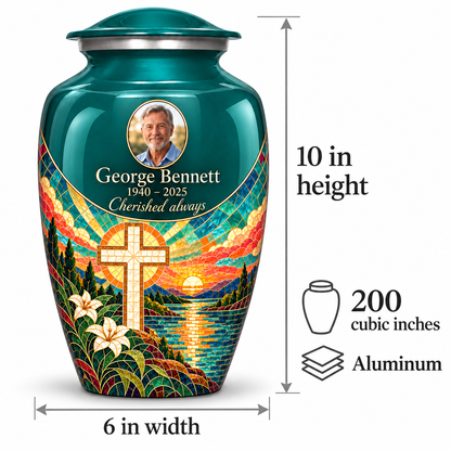 Green cross urn size guide: adult height 10 inches, width 6 inches and capacity 200 cubic inches.