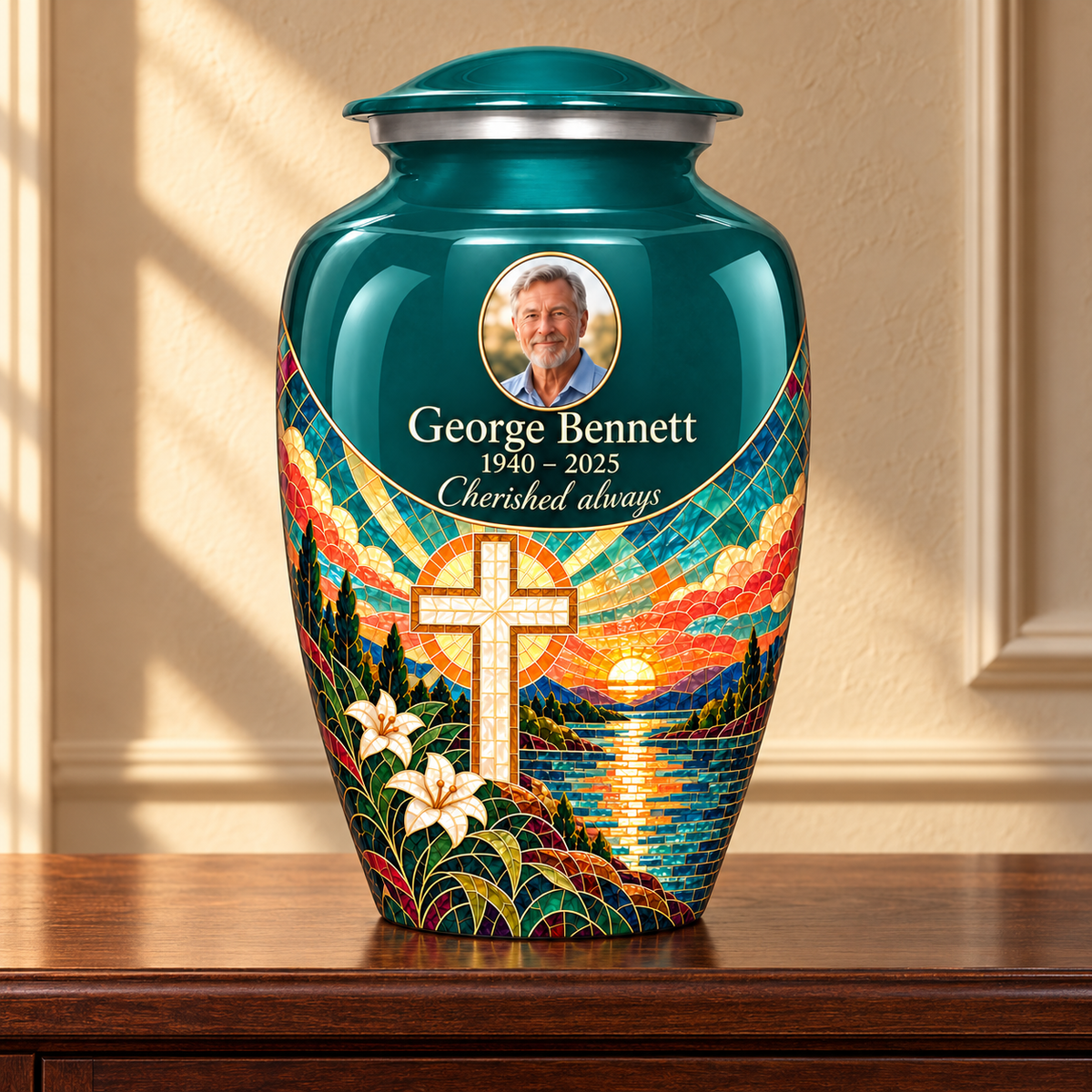 Green adult cross urn with a printed sunset mosaic displayed on a memorial console.