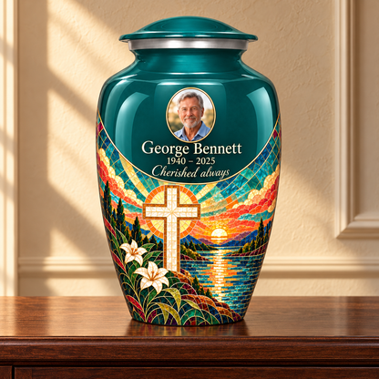 Green adult cross urn with a printed sunset mosaic displayed on a memorial console.