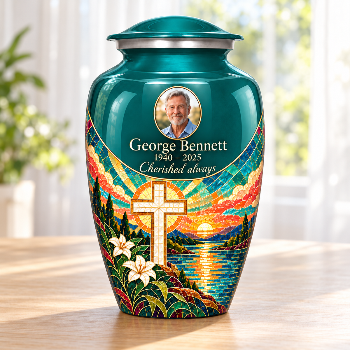 Green adult cross urn with a printed sunset mosaic beside a sunlit window.