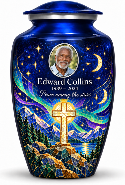 Blue adult cross urn with a printed moonlit mosaic, sample portrait and tribute on white.