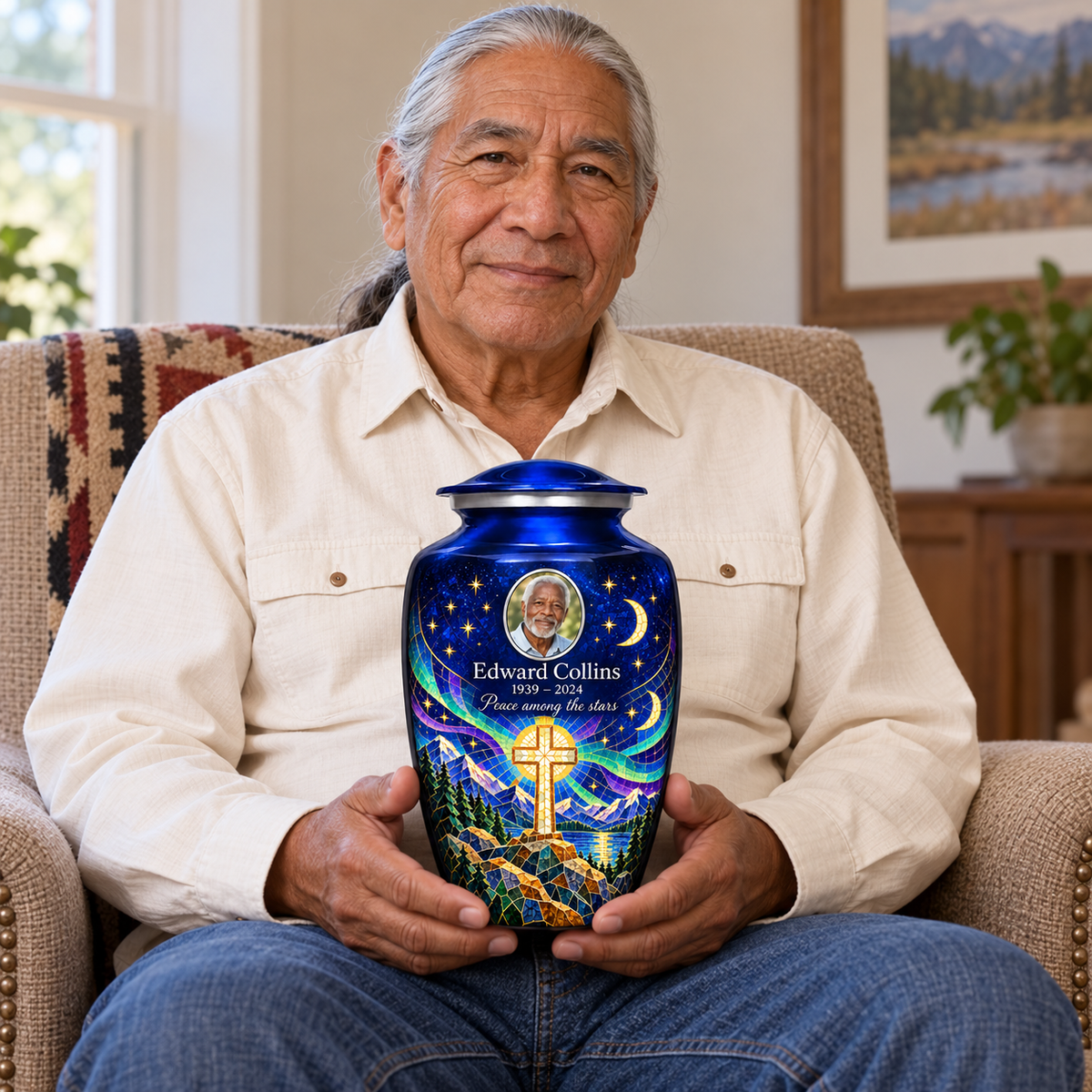 A seated person holding the blue cross urn with a printed moonlit mosaic on their lap.