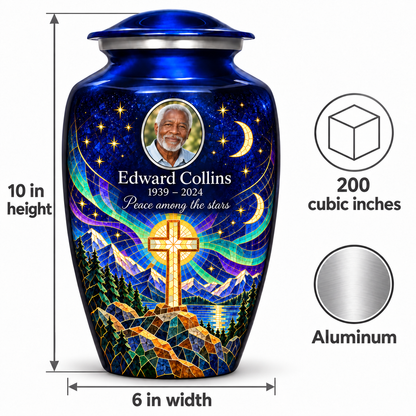 Blue cross urn size guide: adult height 10 inches, width 6 inches and capacity 200 cubic inches.