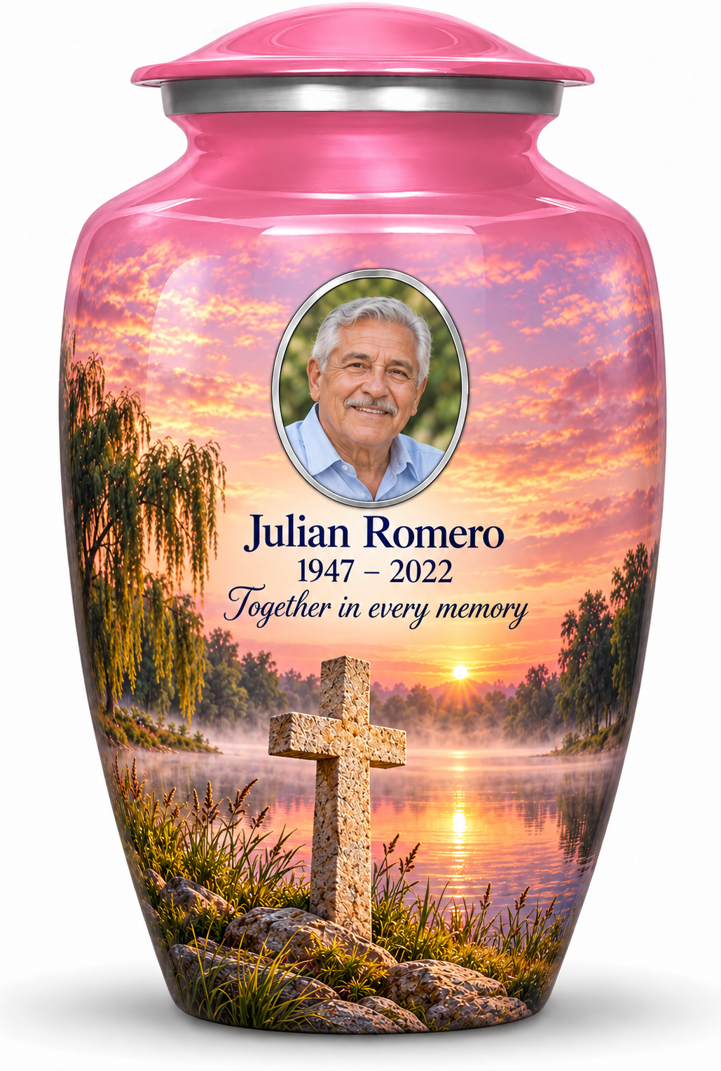 Pink adult cross urn with a pink lakeside dawn, sample portrait and tribute on white.