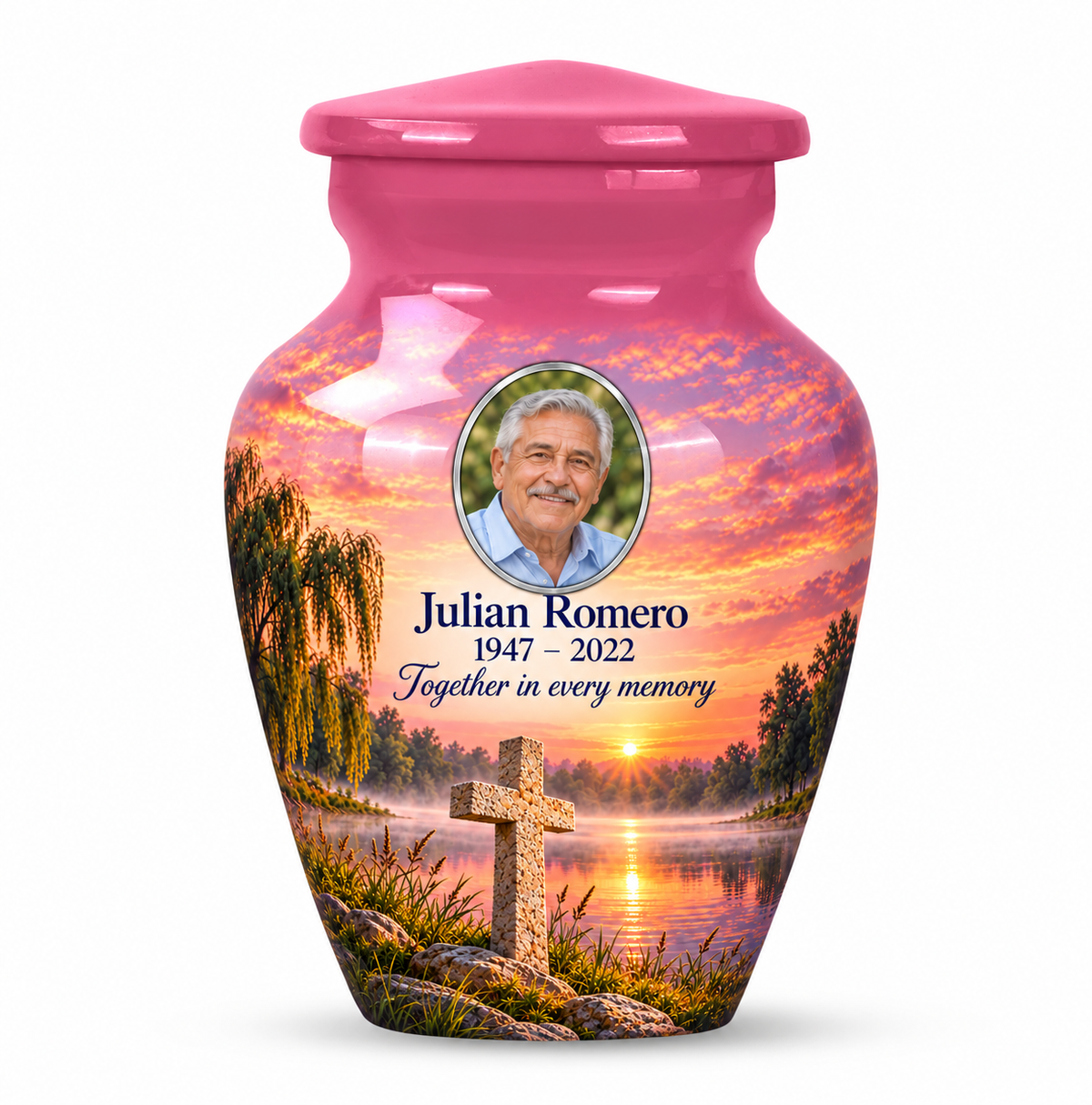 One pink cross keepsake urn with a pink lakeside dawn, sample portrait and tribute on white.