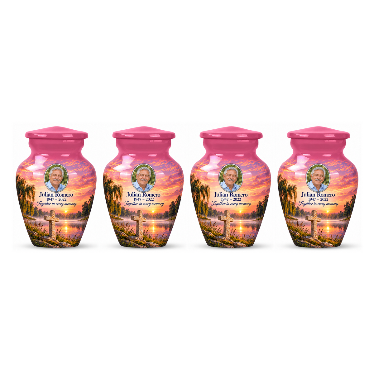 Four matching pink cross keepsake urns with a pink lakeside dawn arranged on white.