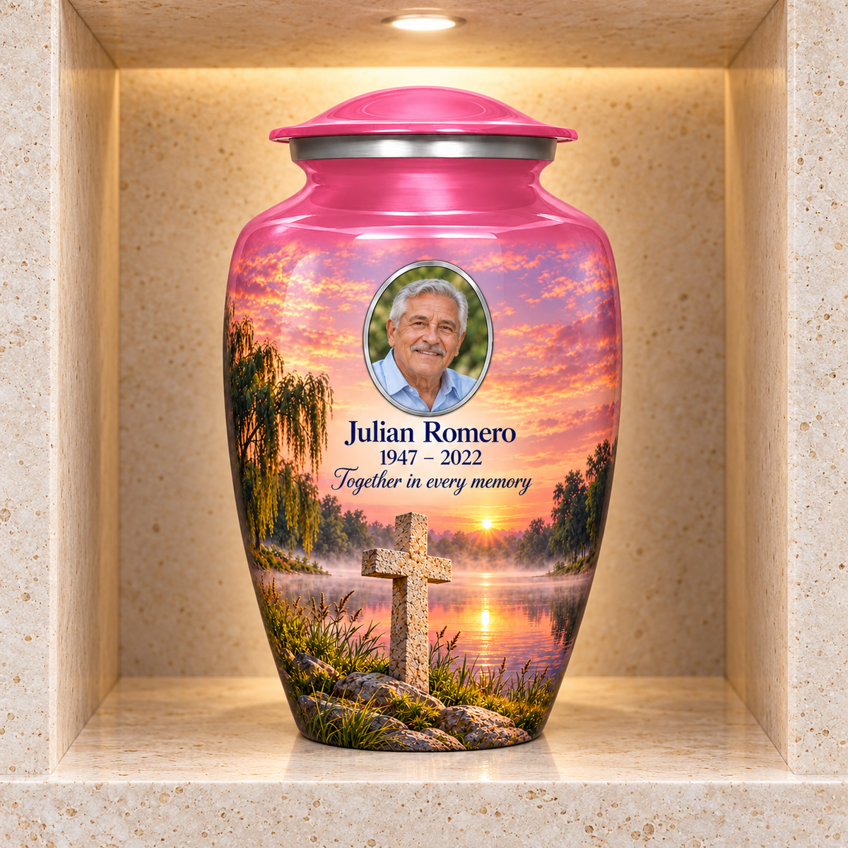 Pink adult cross urn with a pink lakeside dawn displayed in a stone columbarium niche.
