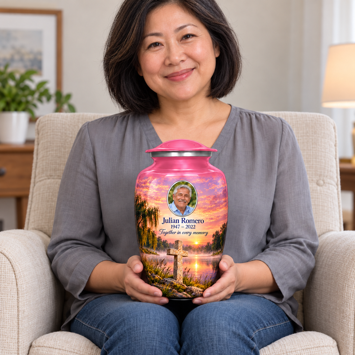 A seated person holding the pink cross urn with a pink lakeside dawn on their lap.