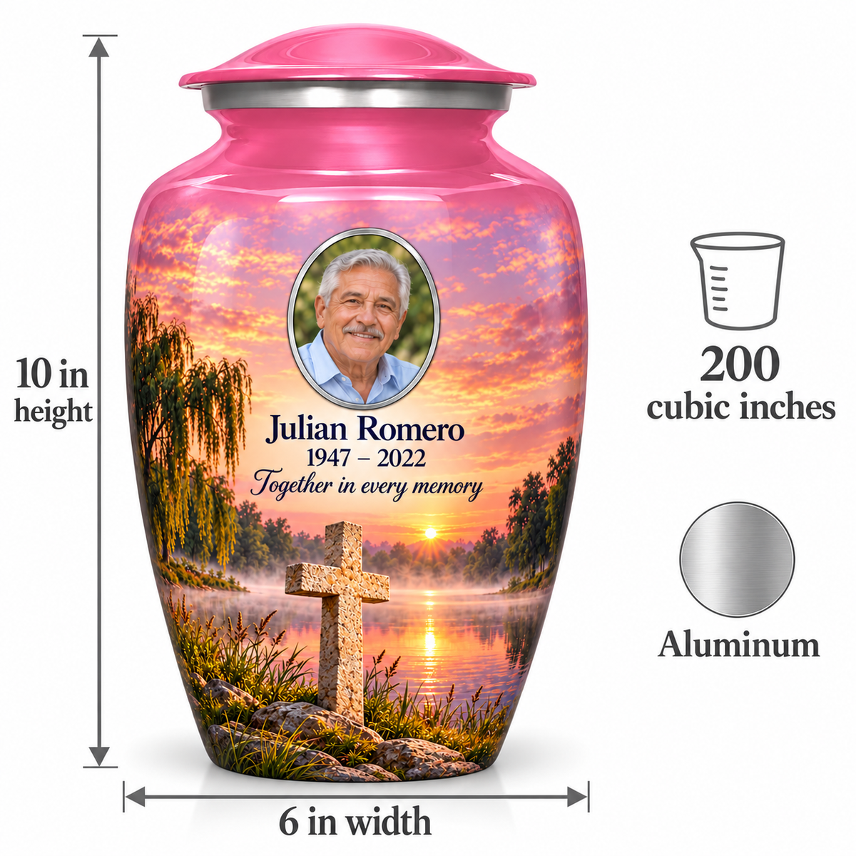 Pink cross urn size guide: adult height 10 inches, width 6 inches and capacity 200 cubic inches.