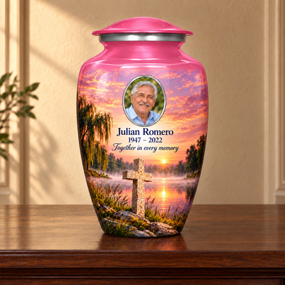 Pink adult cross urn with a pink lakeside dawn displayed on a memorial console.