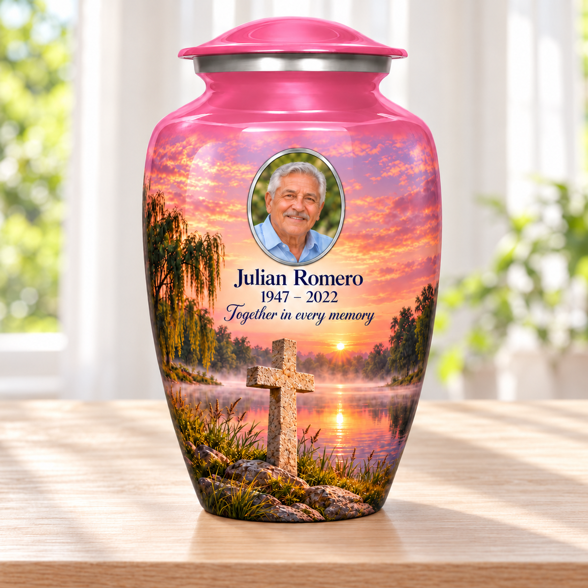 Pink adult cross urn with a pink lakeside dawn beside a sunlit window.