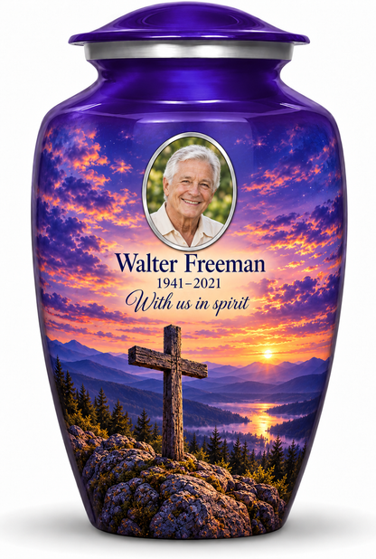 Purple adult cross urn with purple mountain twilight, sample portrait and tribute on white.