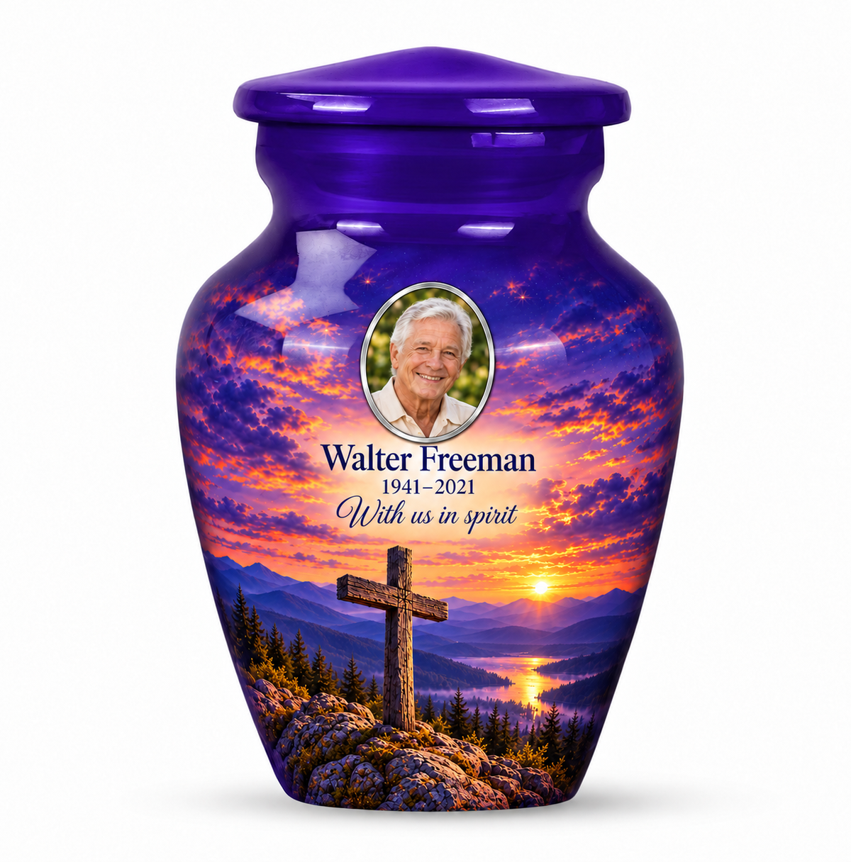 One purple cross keepsake urn with purple mountain twilight, sample portrait and tribute on white.