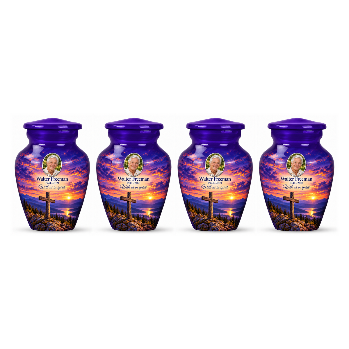 Four matching purple cross keepsake urns with purple mountain twilight arranged on white.