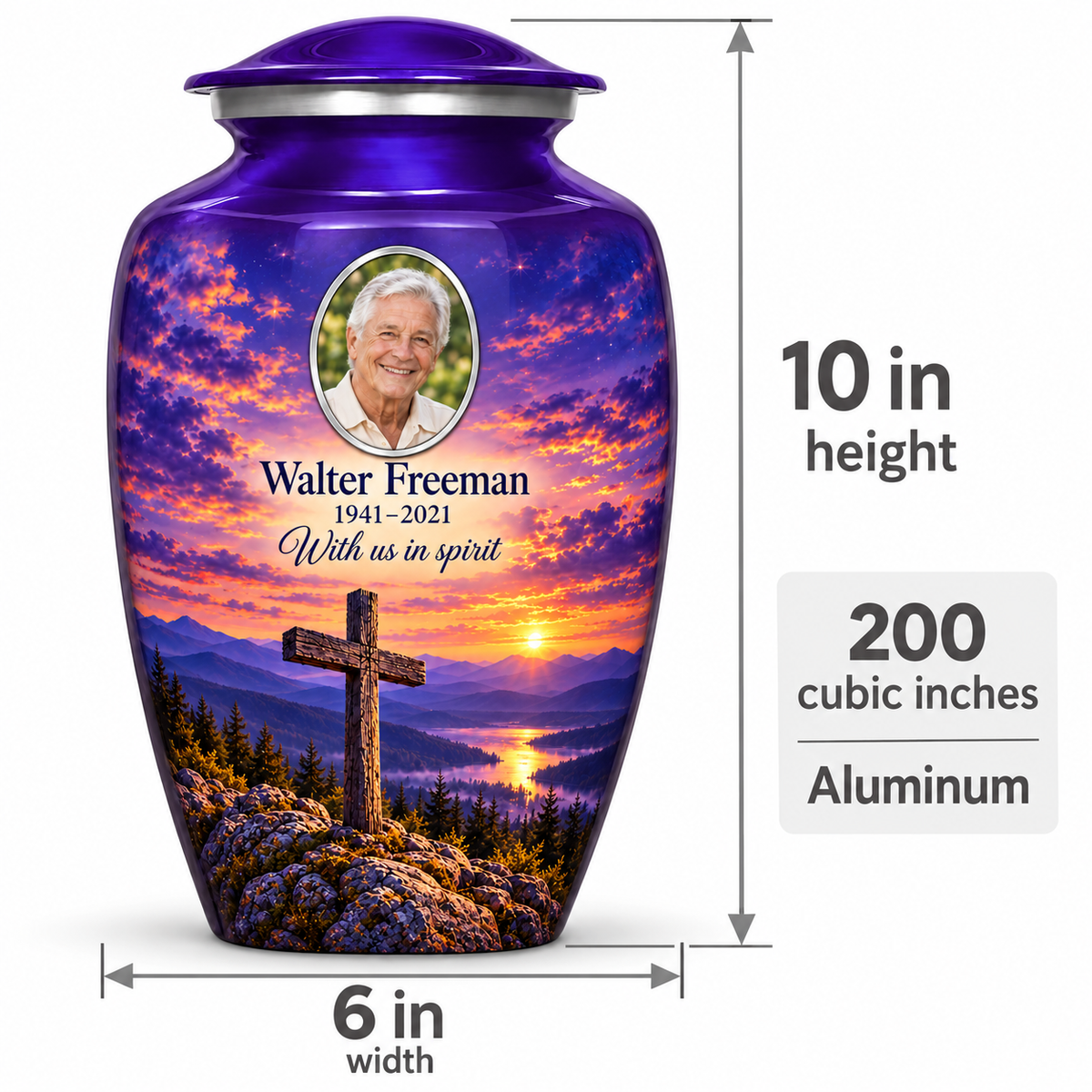 Purple cross urn size guide: adult height 10 inches, width 6 inches and capacity 200 cubic inches.