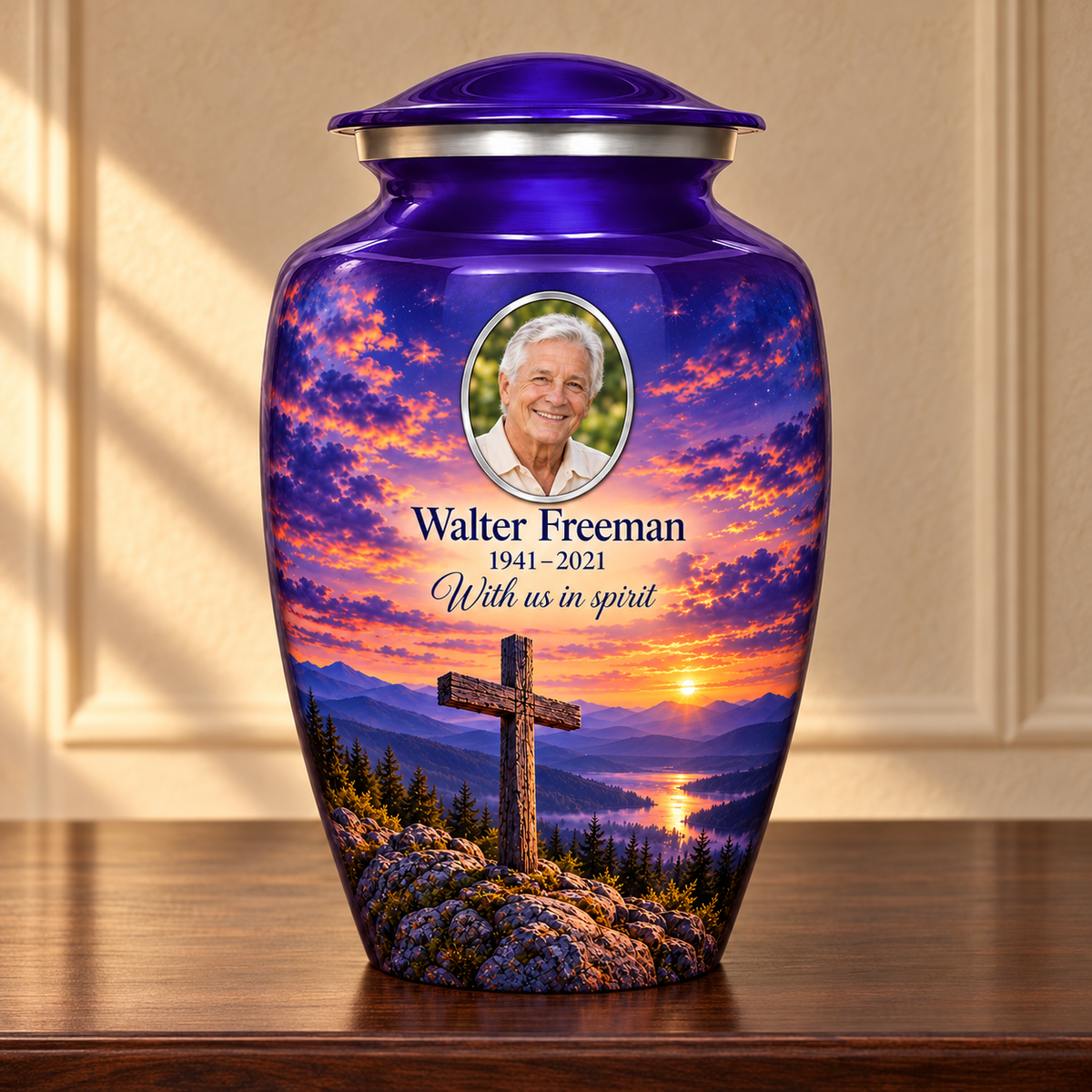 Purple adult cross urn with purple mountain twilight displayed on a memorial console.
