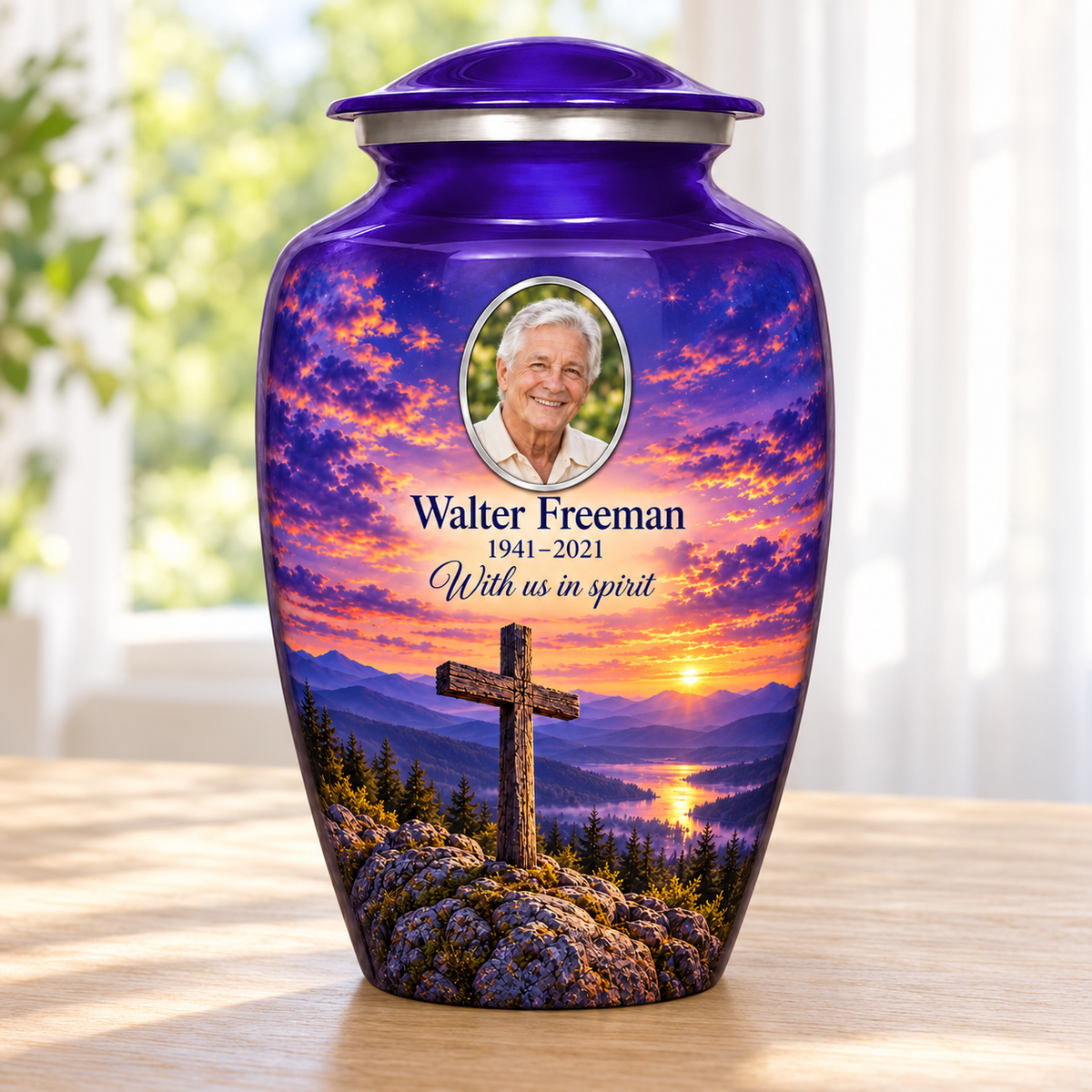 Purple adult cross urn with purple mountain twilight beside a sunlit window.