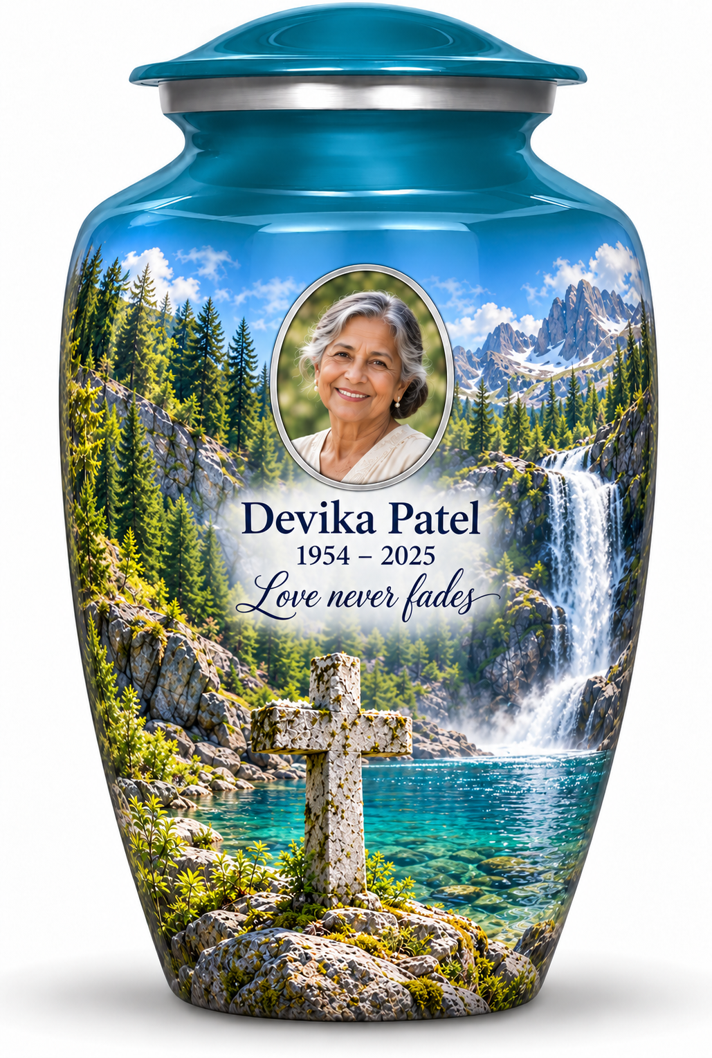 Blue adult cross urn with a teal pool and waterfall, sample portrait and tribute on white.
