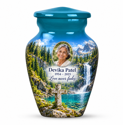 One blue cross keepsake urn with a teal pool and waterfall, sample portrait and tribute on white.