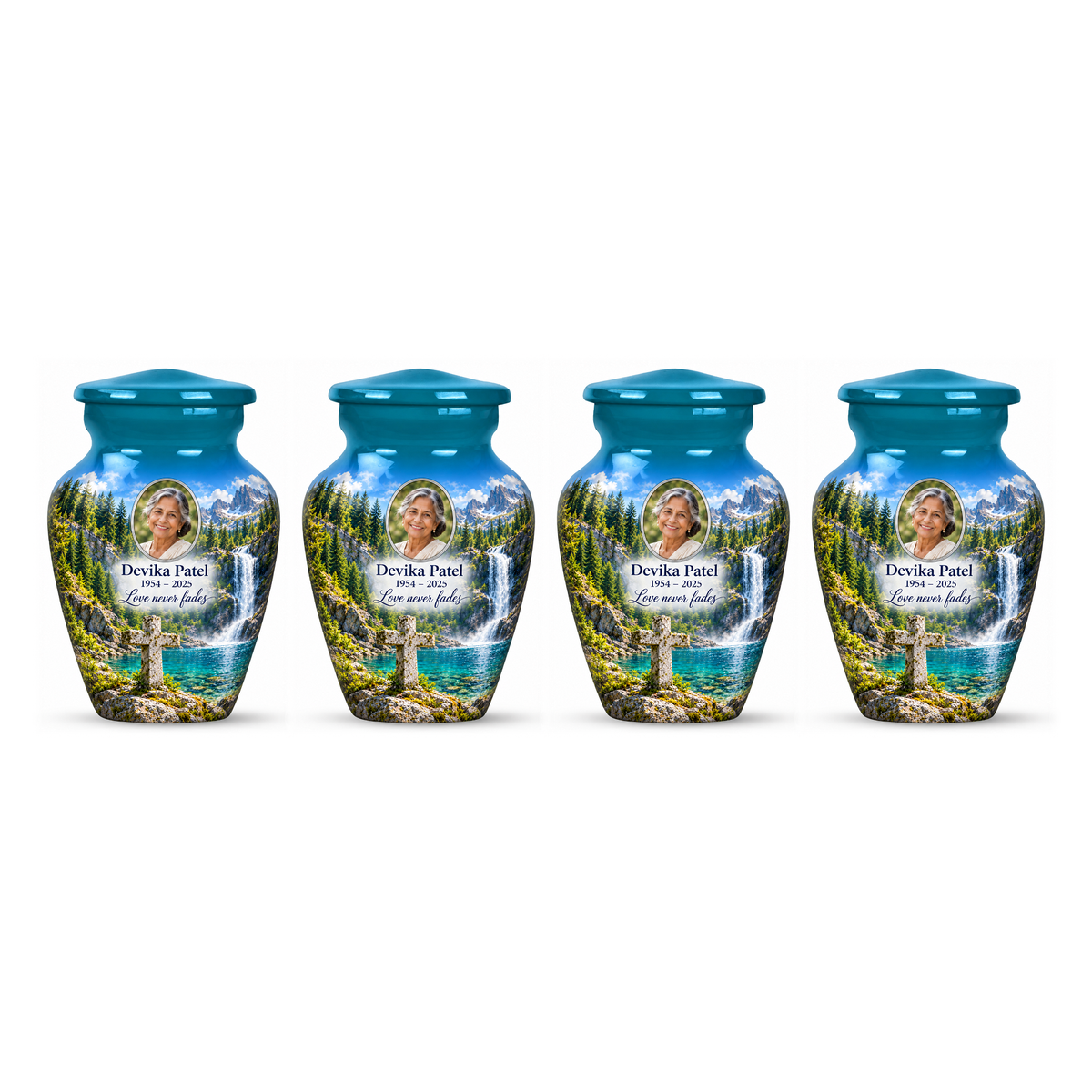 Four matching blue cross keepsake urns with a teal pool and waterfall arranged on white.