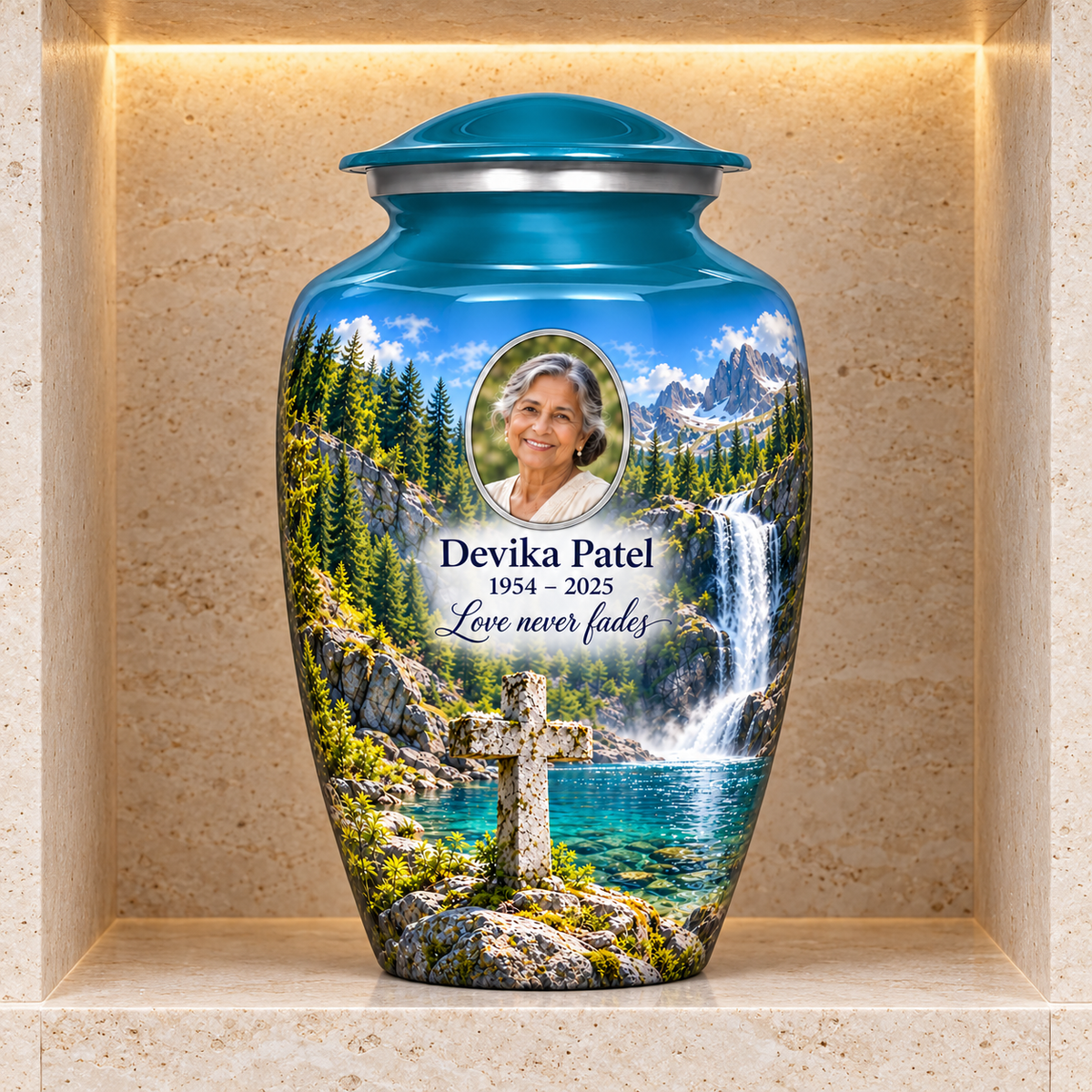 Blue adult cross urn with a teal pool and waterfall displayed in a stone columbarium niche.