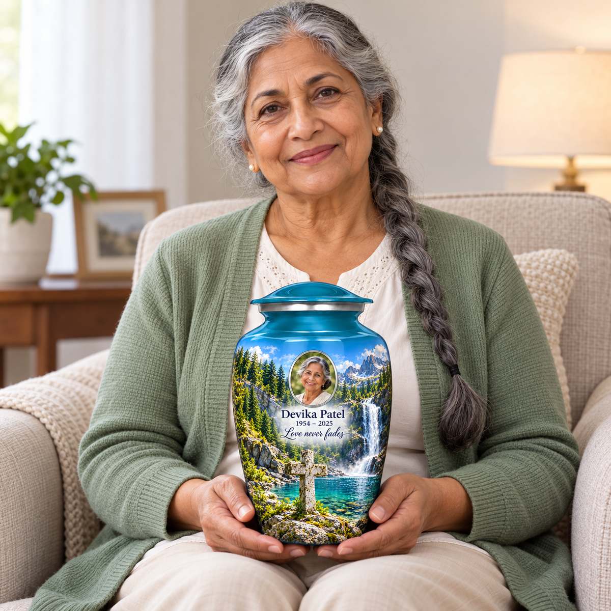 A seated person holding the blue cross urn with a teal pool and waterfall on their lap.
