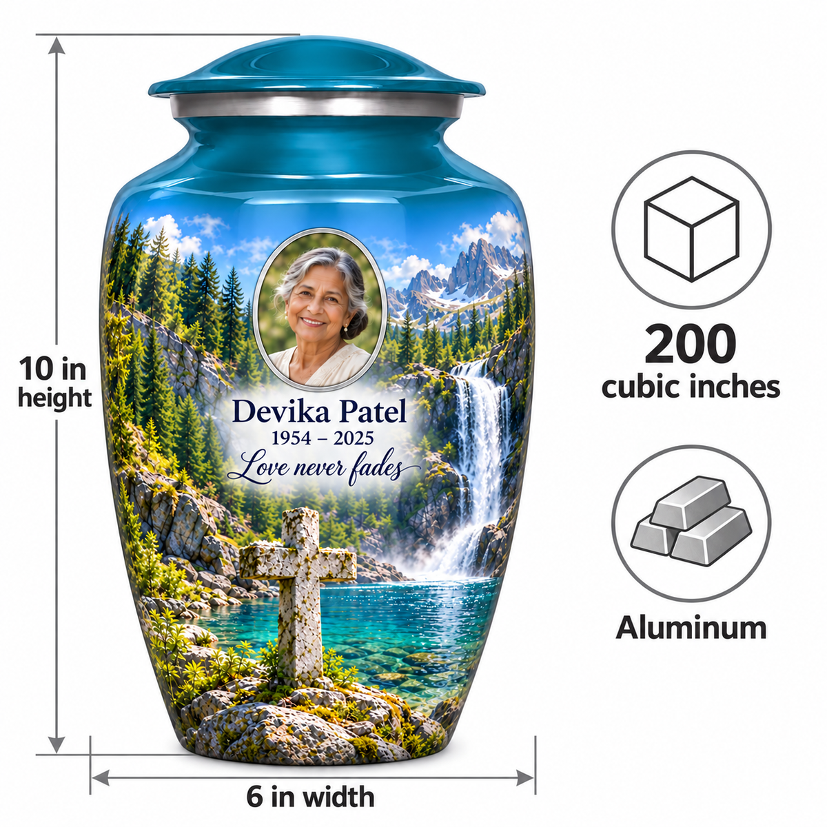 Blue cross urn size guide: adult height 10 inches, width 6 inches and capacity 200 cubic inches.