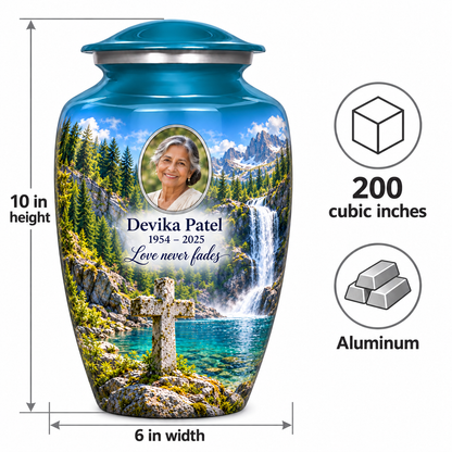 Blue cross urn size guide: adult height 10 inches, width 6 inches and capacity 200 cubic inches.