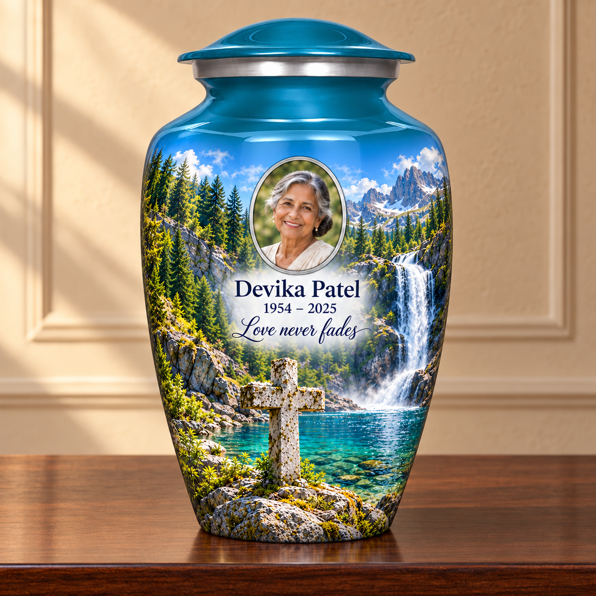 Blue adult cross urn with a teal pool and waterfall displayed on a memorial console.