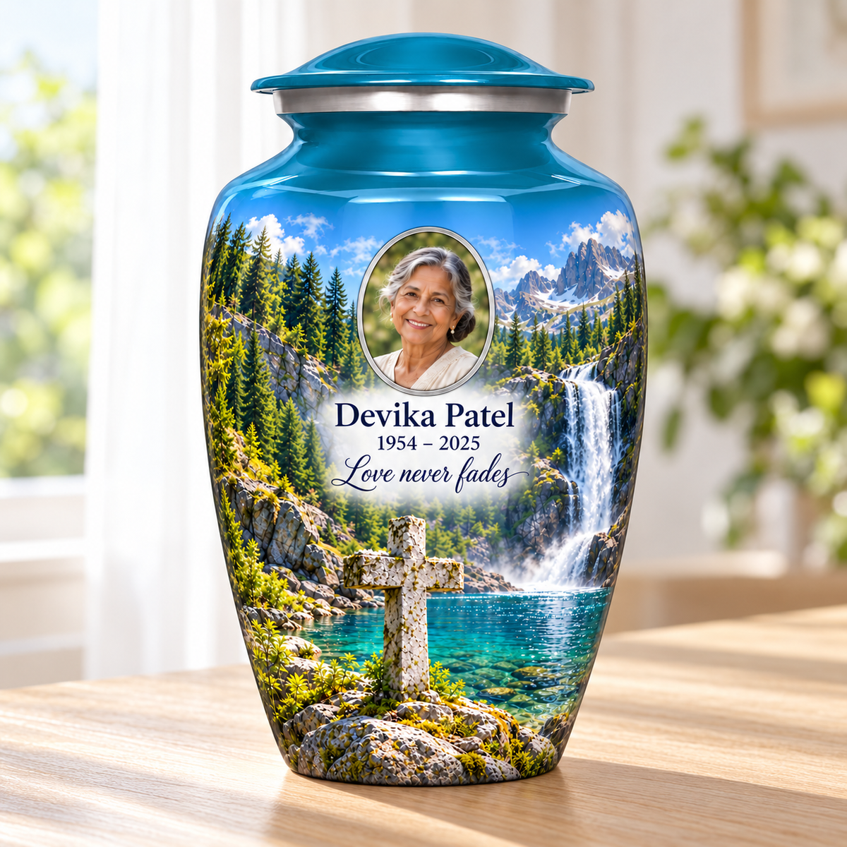 Blue adult cross urn with a teal pool and waterfall beside a sunlit window.