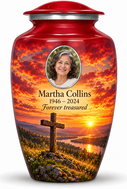 Red adult cross urn with a red meadow sunset, sample portrait and tribute on white.