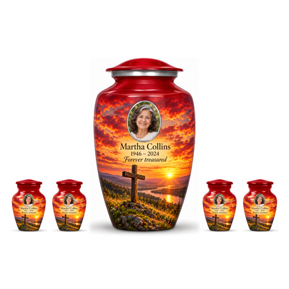 One red adult cross urn and four keepsakes with a red meadow sunset arranged on white.