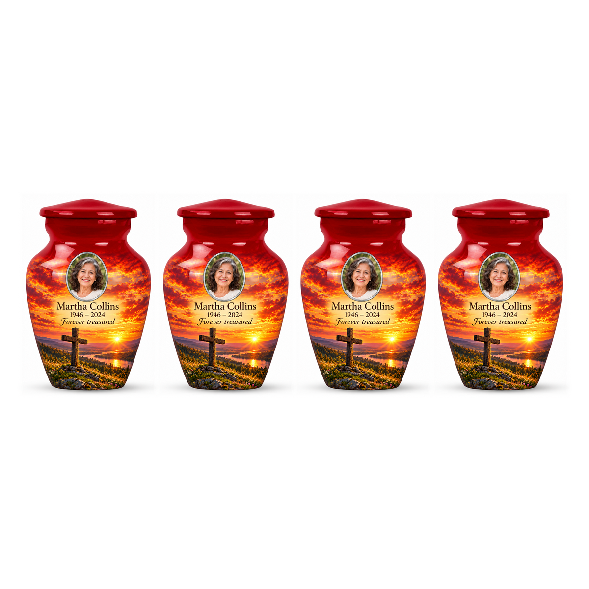 Four matching red cross keepsake urns with a red meadow sunset arranged on white.