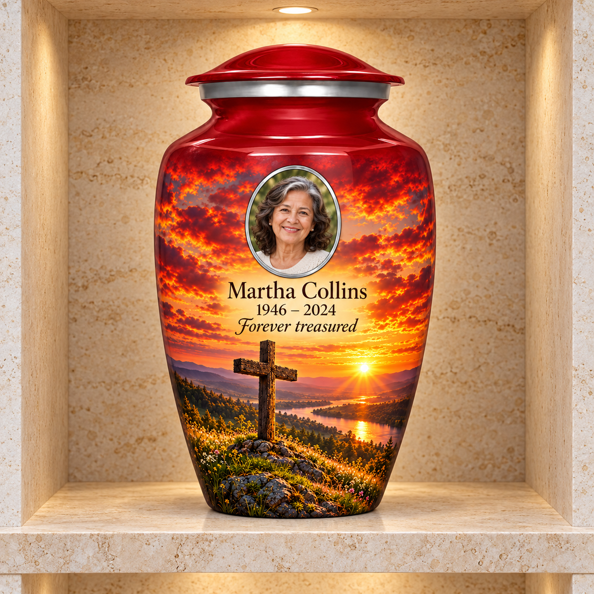 Red adult cross urn with a red meadow sunset displayed in a stone columbarium niche.