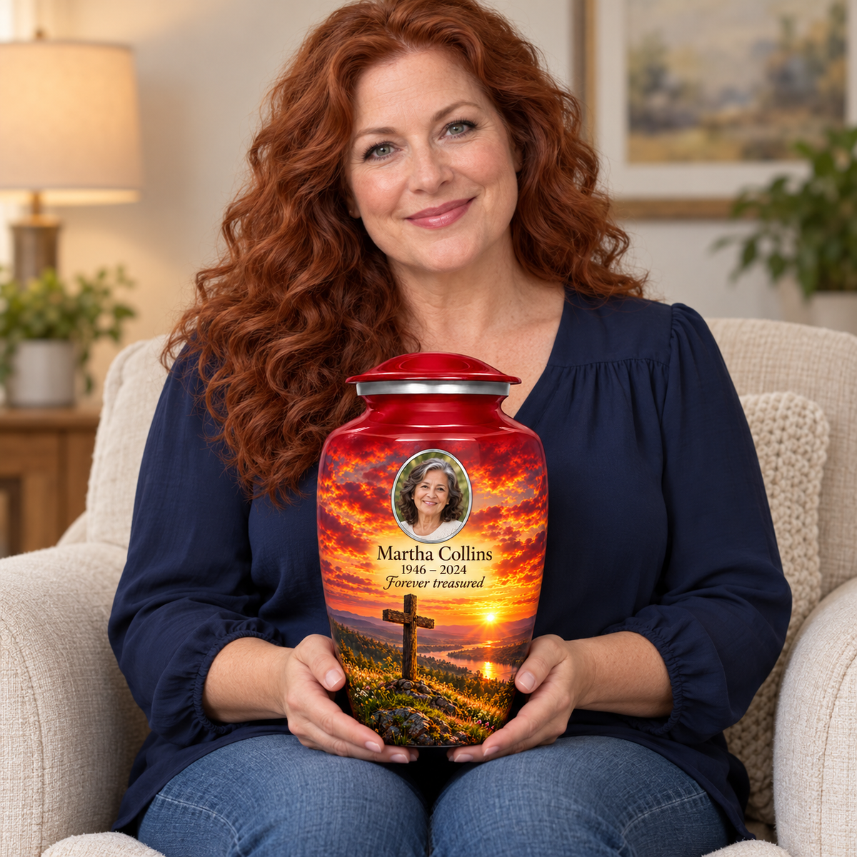 A seated person holding the red cross urn with a red meadow sunset on their lap.