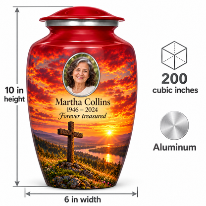 Red cross urn size guide: adult height 10 inches, width 6 inches and capacity 200 cubic inches.
