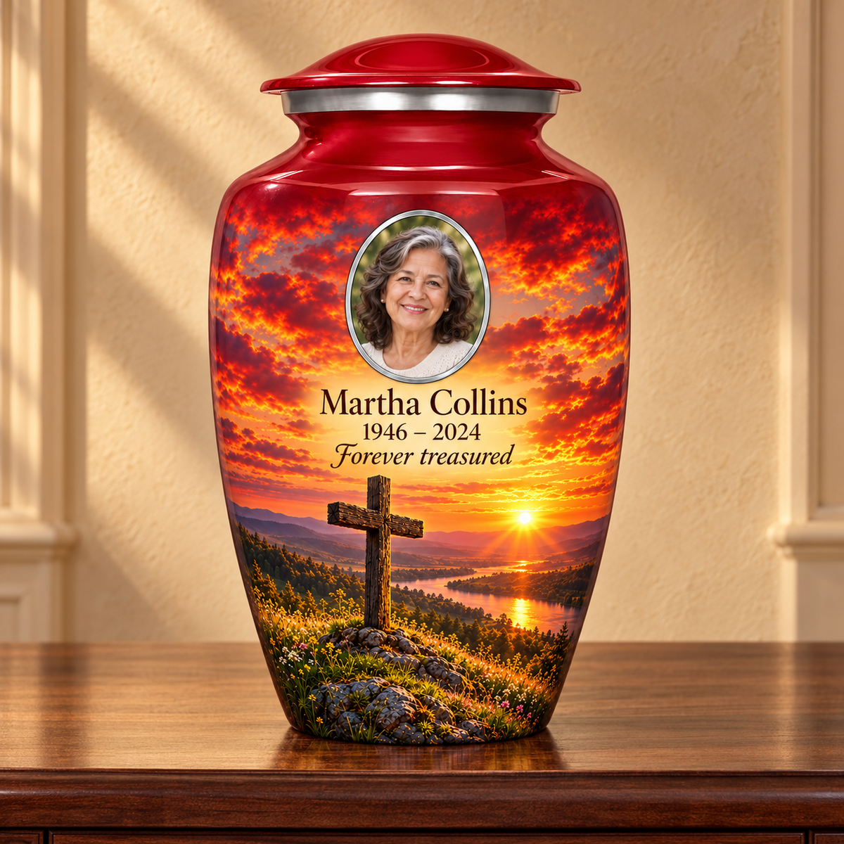 Red adult cross urn with a red meadow sunset displayed on a memorial console.