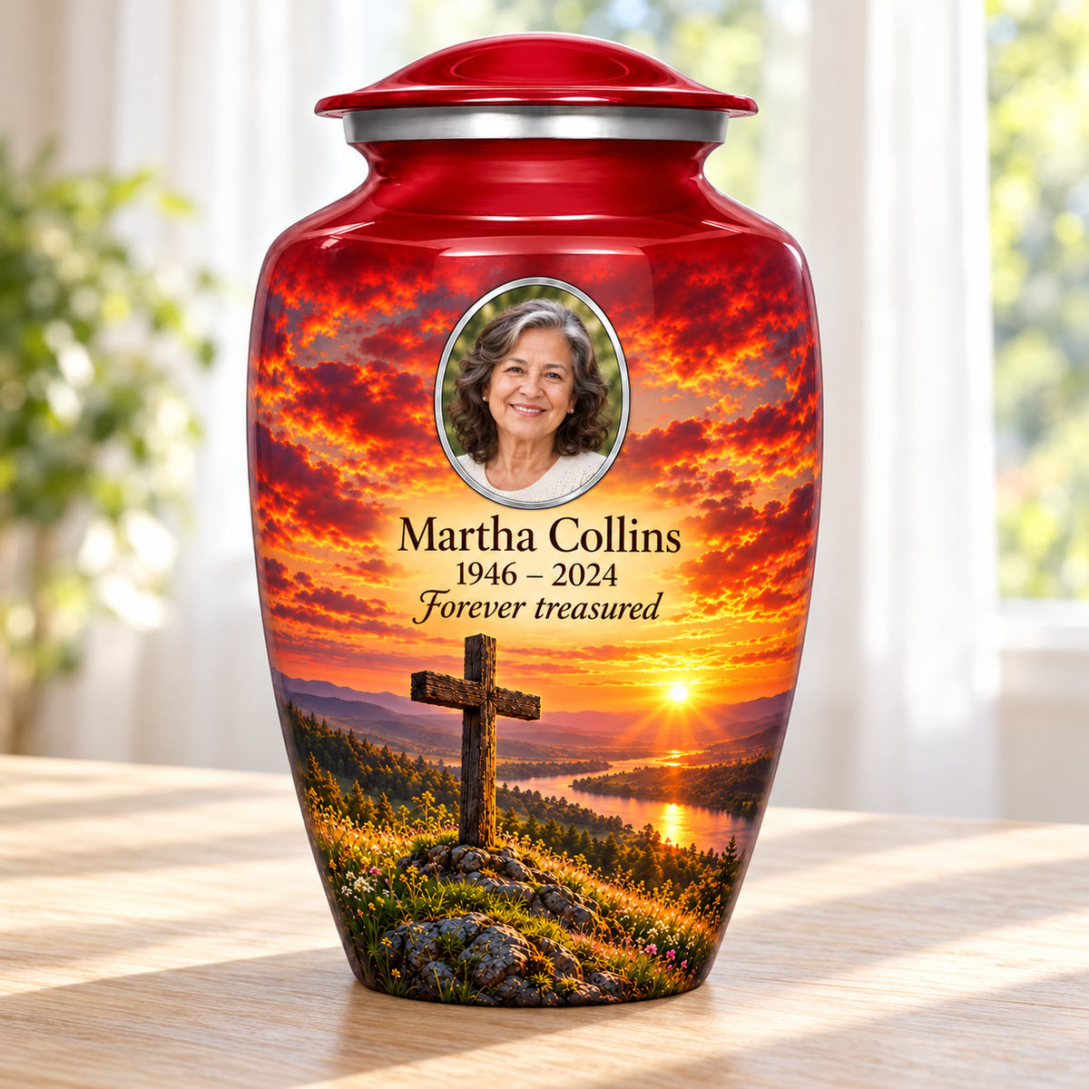 Red adult cross urn with a red meadow sunset beside a sunlit window.