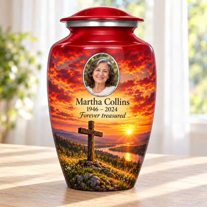Red adult cross urn with a red meadow sunset beside a sunlit window.