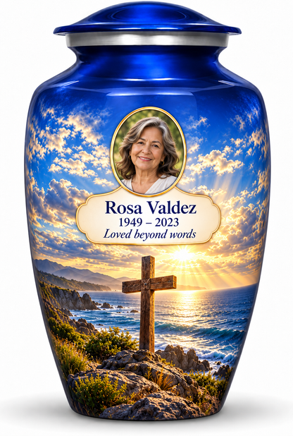 Blue adult cross urn with a blue coastal sunset, sample portrait and tribute on white.