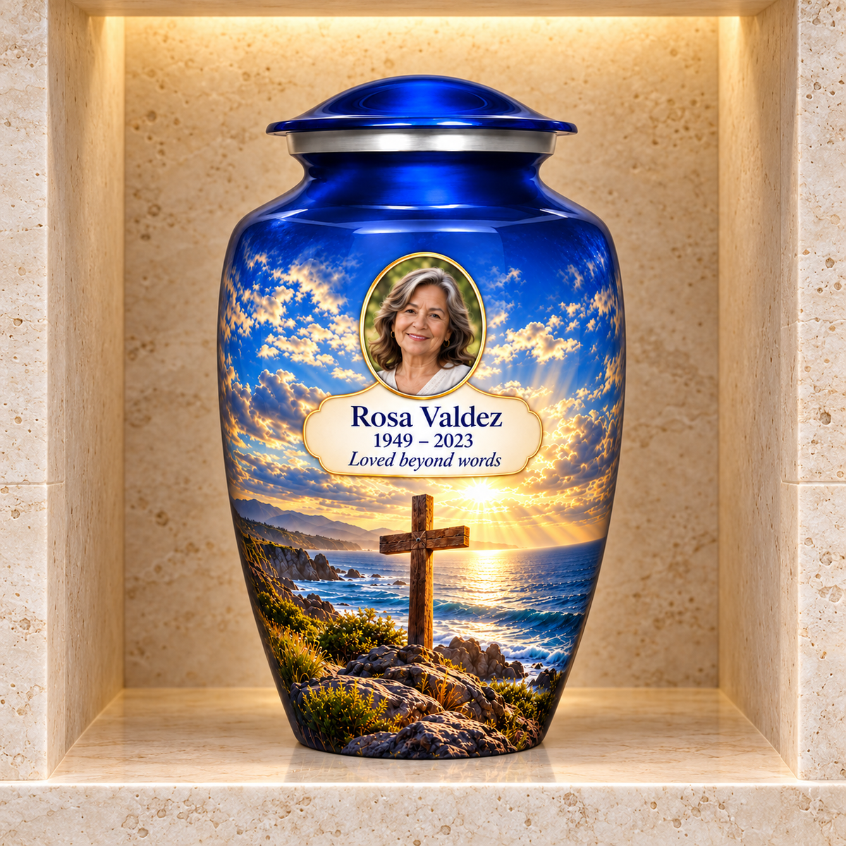 Blue adult cross urn with a blue coastal sunset displayed in a stone columbarium niche.