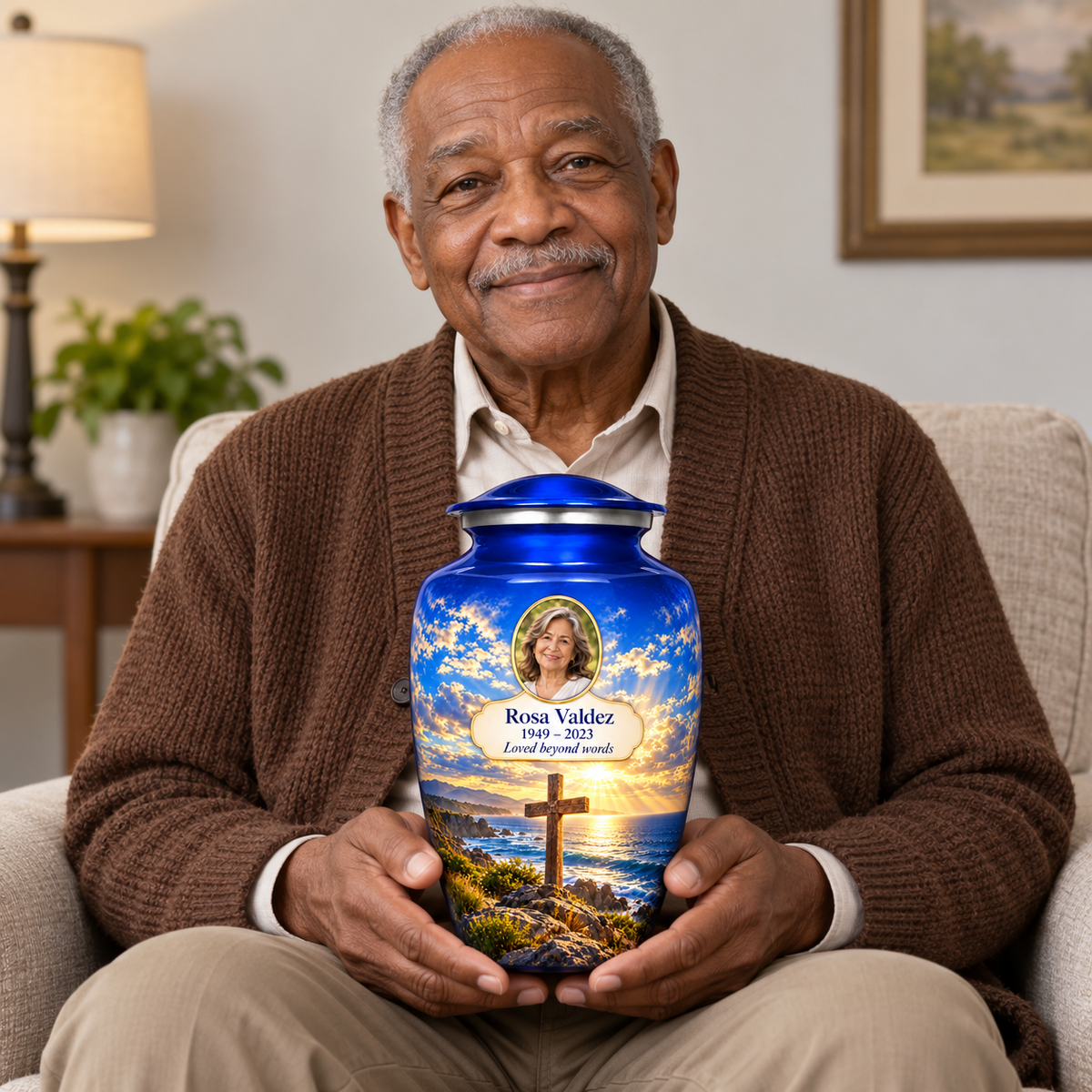 A seated person holding the blue cross urn with a blue coastal sunset on their lap.