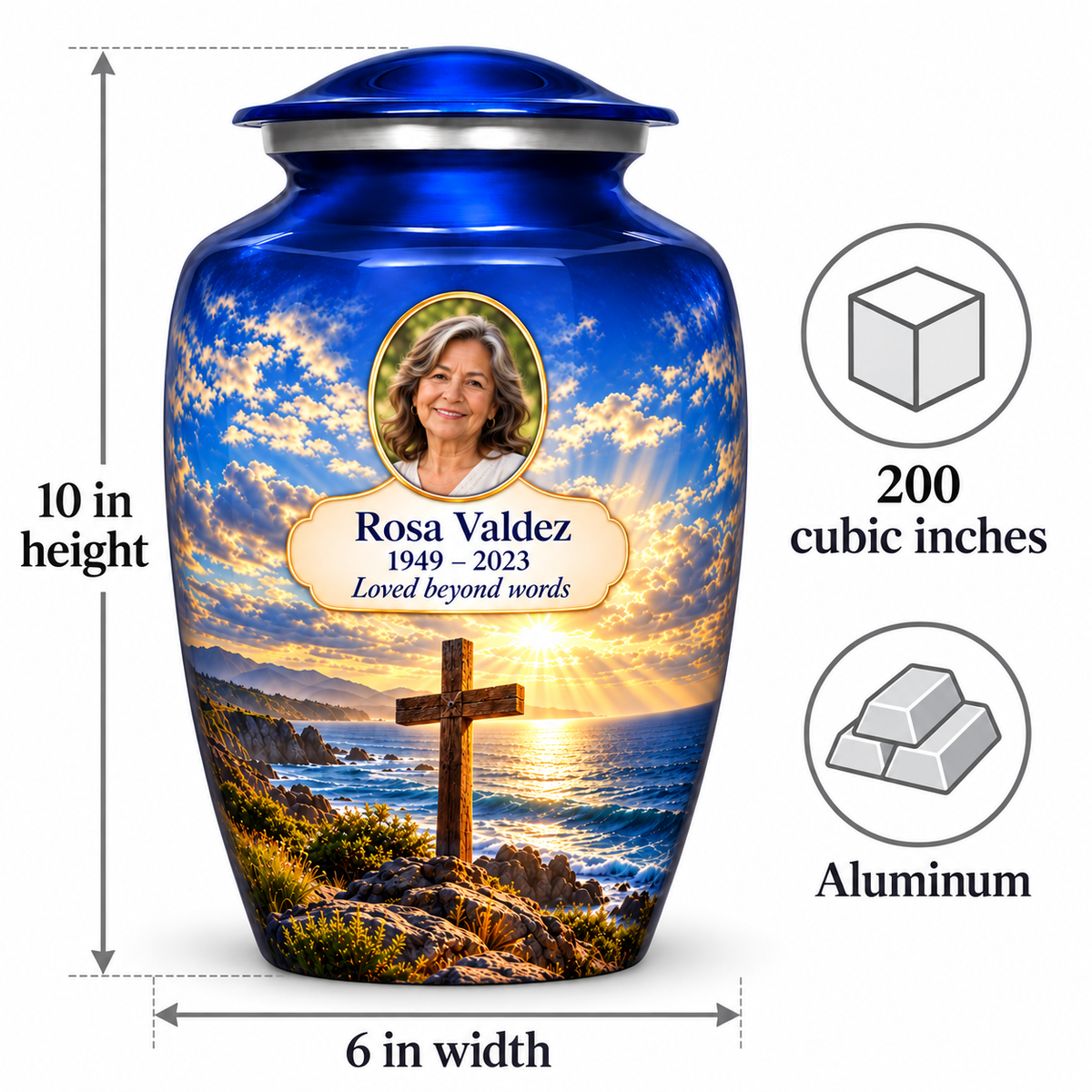 Blue cross urn size guide: adult height 10 inches, width 6 inches and capacity 200 cubic inches.