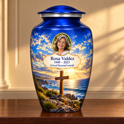 Blue adult cross urn with a blue coastal sunset displayed on a memorial console.