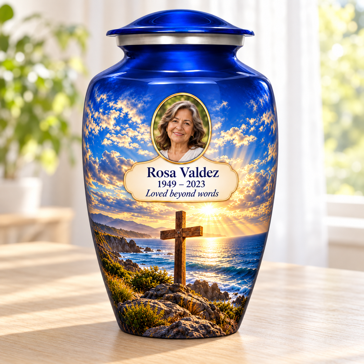 Blue adult cross urn with a blue coastal sunset beside a sunlit window.