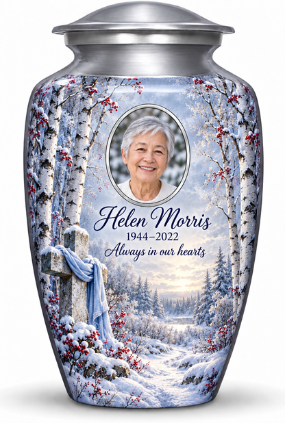 Silver adult cross urn with snowy birches and red berries, sample portrait and tribute on white.